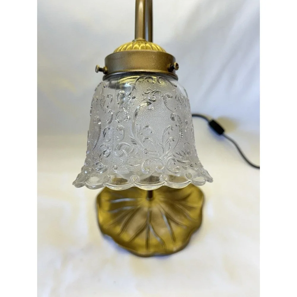 VTG Art Nouveau Brass Style Gooseneck Lily Pad Desk Lamp Ornate Frosted Shade